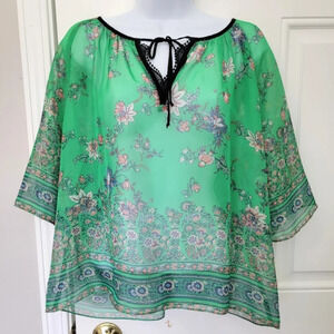 Konrad + Joseph Anthropologie Sheer Green Floral Top Blouse Tie Half Sleeve Sz S